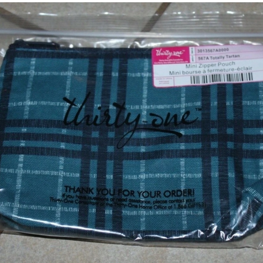 Thirty-One Tartan Mini Zipper Pouch in Teal and Black